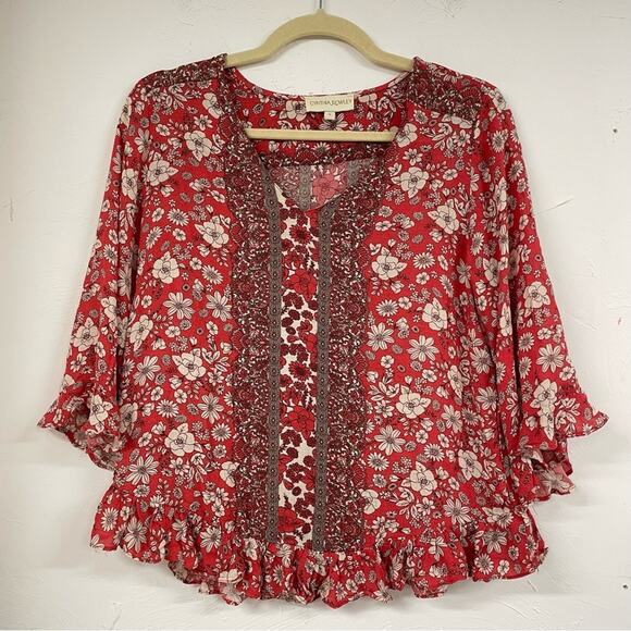 Cynthia Rowley Red Ditsy Floral Ruffled Boho Womens Blouse S Shirt Top Peasant - Picture 1 of 11
